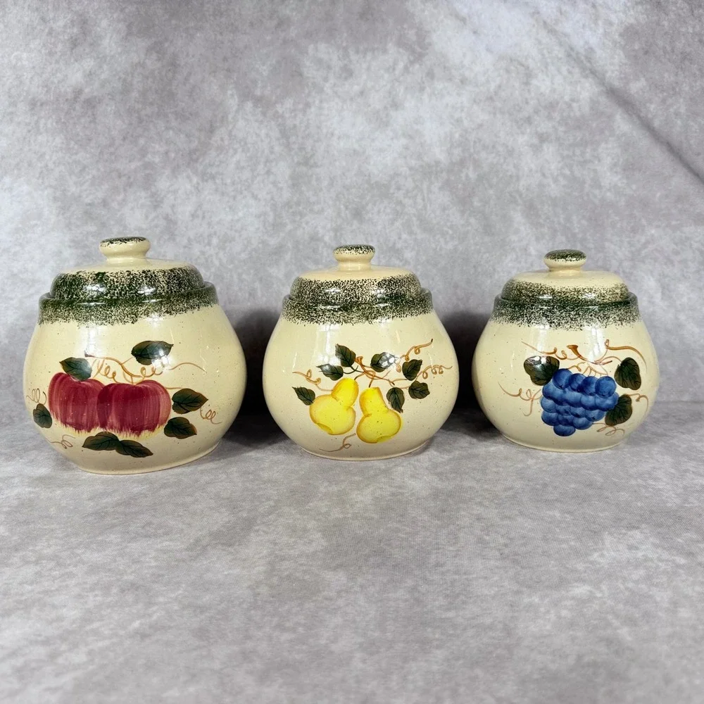 Vtg‎ Kenyield Fruit Canister Set 3pc Ceramic Jars Lids Apple Grape Pear Country